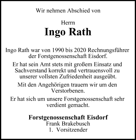 Traueranzeige von Ingo Rath von Harz Kurier