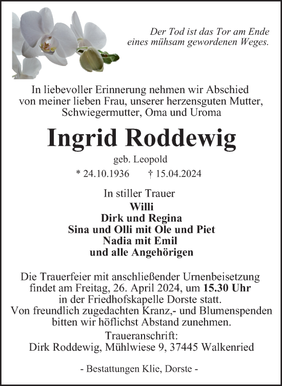 Traueranzeige von Ingrid Roddewig von Harz Kurier