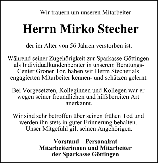 Traueranzeige von Mirko Stecher von Harz Kurier