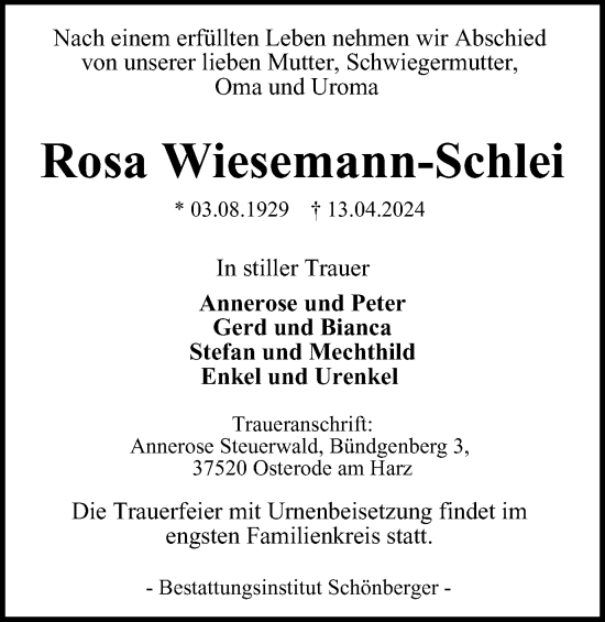 Traueranzeige von Rosa Wiesemann-Schlei von Harz Kurier