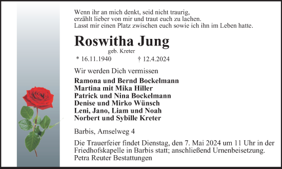 Traueranzeige von Roswitha Jung von Harz Kurier