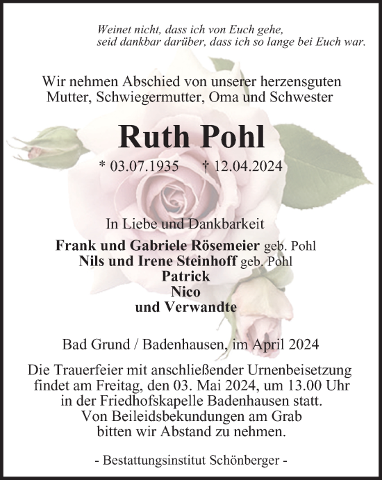 Traueranzeige von Ruth Pohl von Harz Kurier