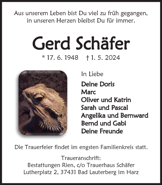 Traueranzeige von Gerd Schäfer von Harz Kurier