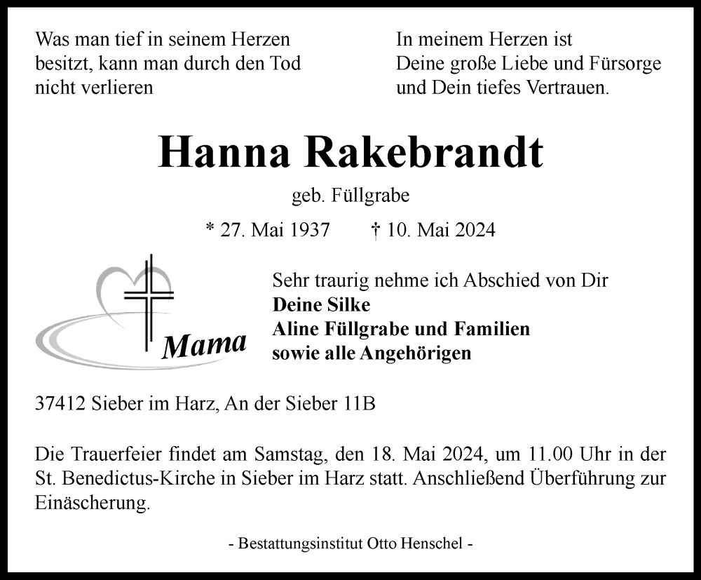  Traueranzeige für Hanna Rakebrandt vom 15.05.2024 aus Harz Kurier