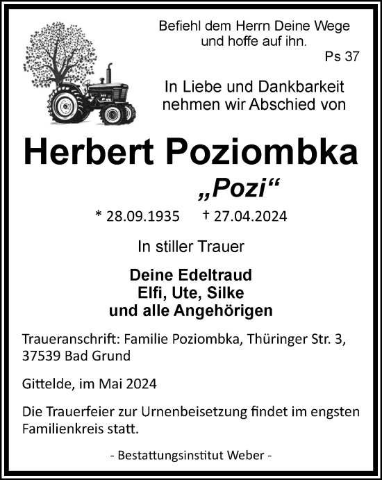 Traueranzeige von Herbert Poziombka von Harz Kurier