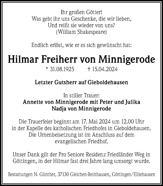 Traueranzeige von Hilmar  Freiherr von Minnigerode von Harz Kurier