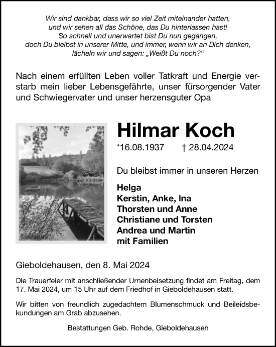 Traueranzeige von Hilmar Koch von Harz Kurier