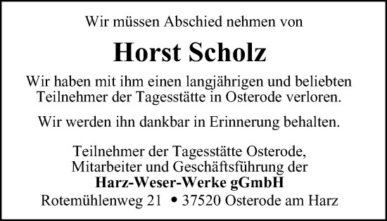 Traueranzeige von Horst Scholz von Harz Kurier