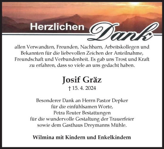 Traueranzeige von Josif Gräz von Harz Kurier