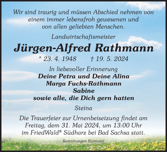 Traueranzeige von Jürgen-Alfred Rathmann von Harz Kurier