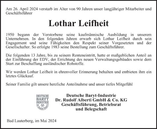 Traueranzeige von Lothar Leifheit von Harz Kurier