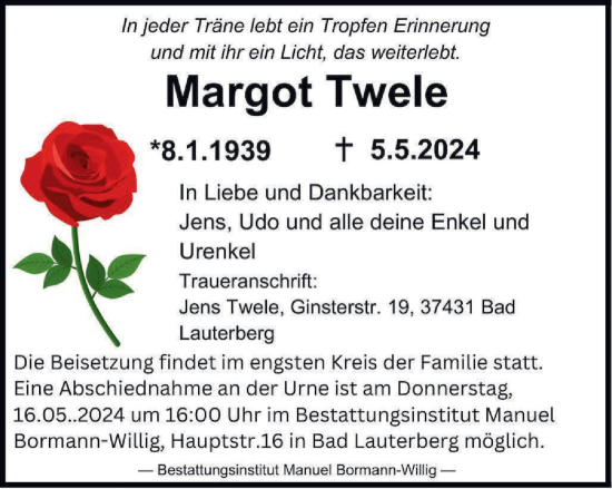 Traueranzeige von Margot Twele von Harz Kurier