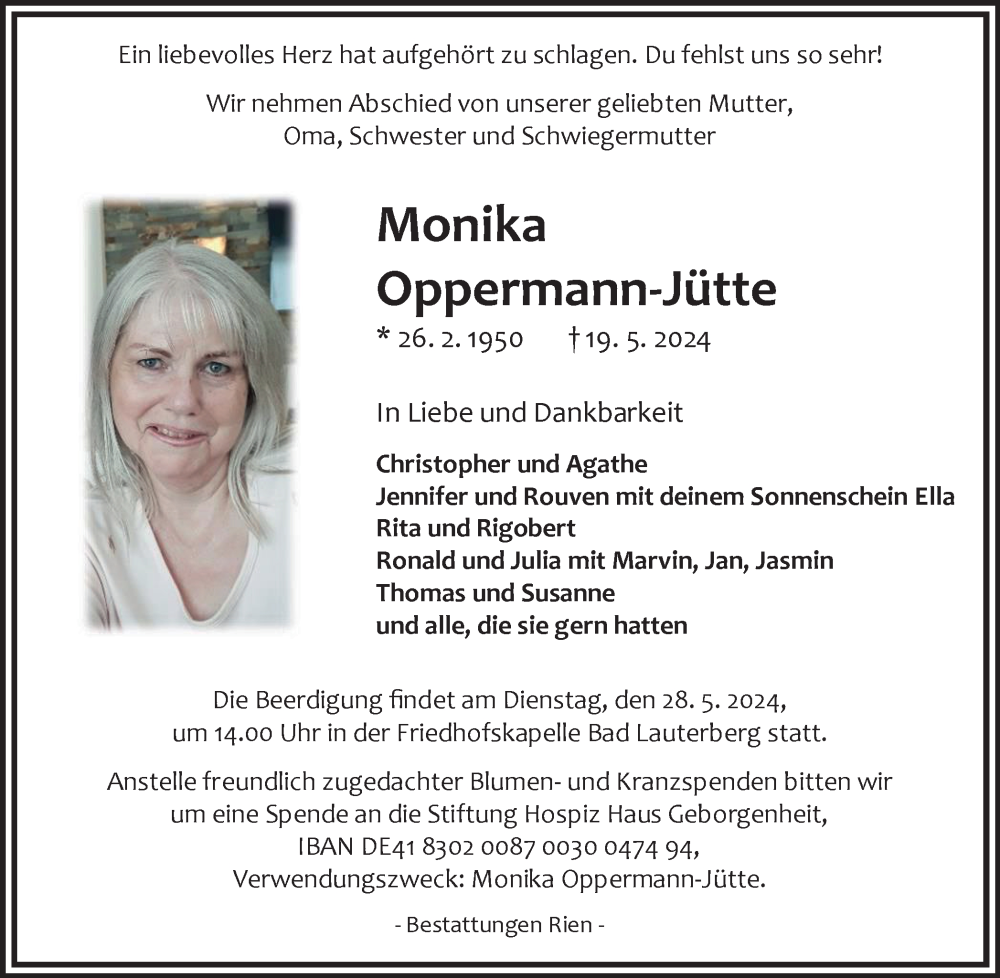  Traueranzeige für Monika Oppermann-Jütte vom 25.05.2024 aus Harz Kurier