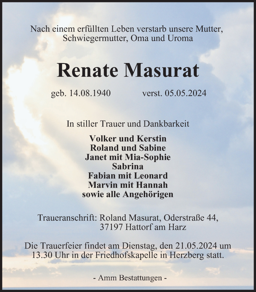  Traueranzeige für Renate Masurat vom 11.05.2024 aus Harz Kurier