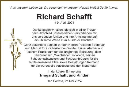Traueranzeige von Richard Schafft von Harz Kurier