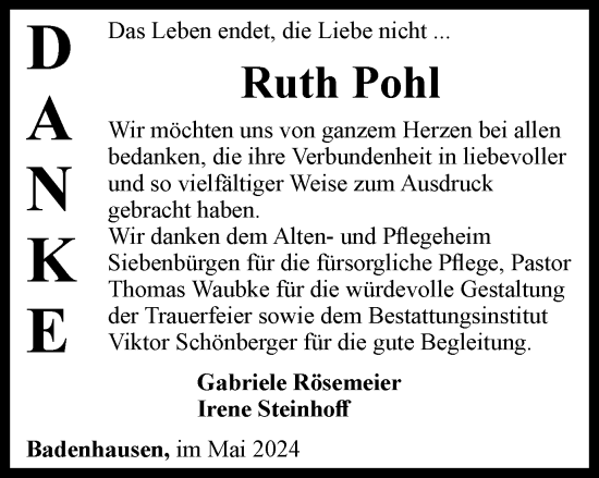 Traueranzeige von Ruth Pohl von Harz Kurier