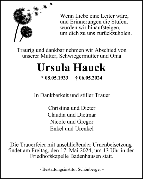 Traueranzeige von Ursula Hauck von Harz Kurier