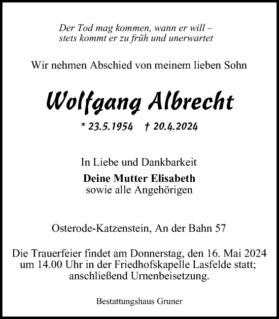 Traueranzeige von Wolfgang Albrecht von Harz Kurier