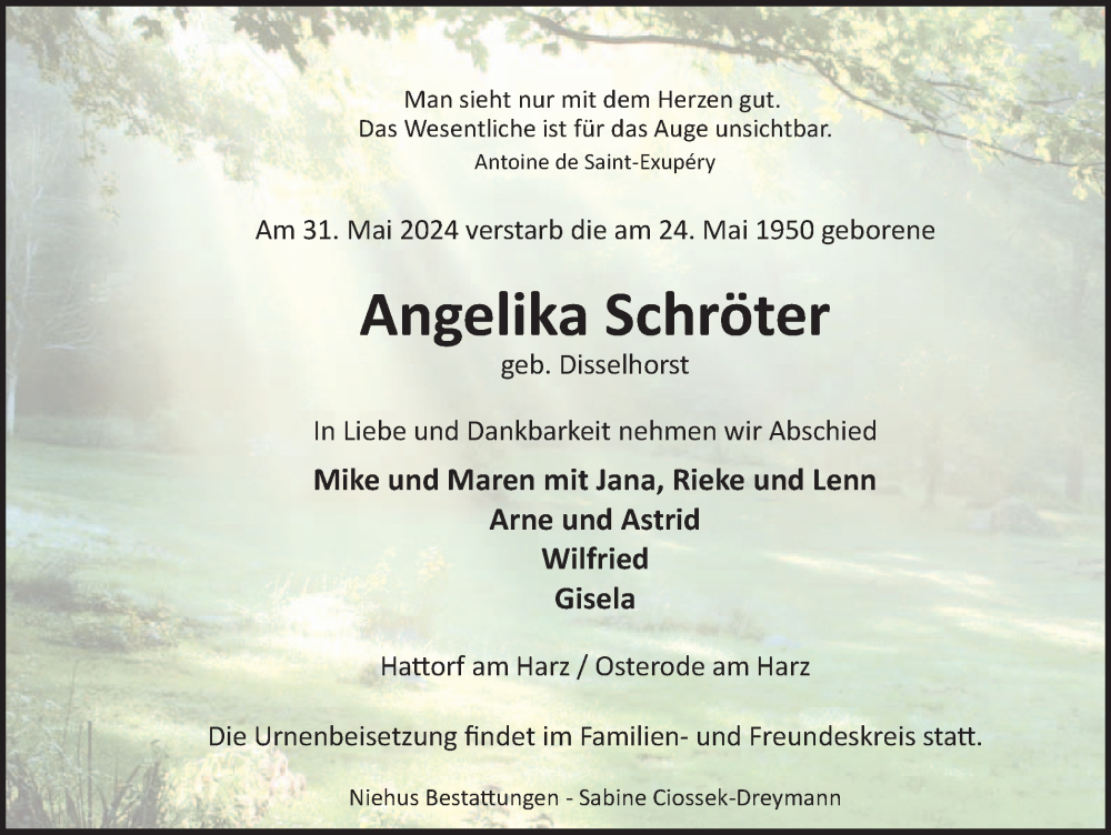  Traueranzeige für Angelika Schröter vom 08.06.2024 aus Harz Kurier