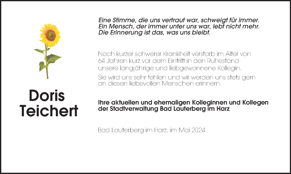  Traueranzeige für Doris Teichert vom 01.06.2024 aus Harz Kurier