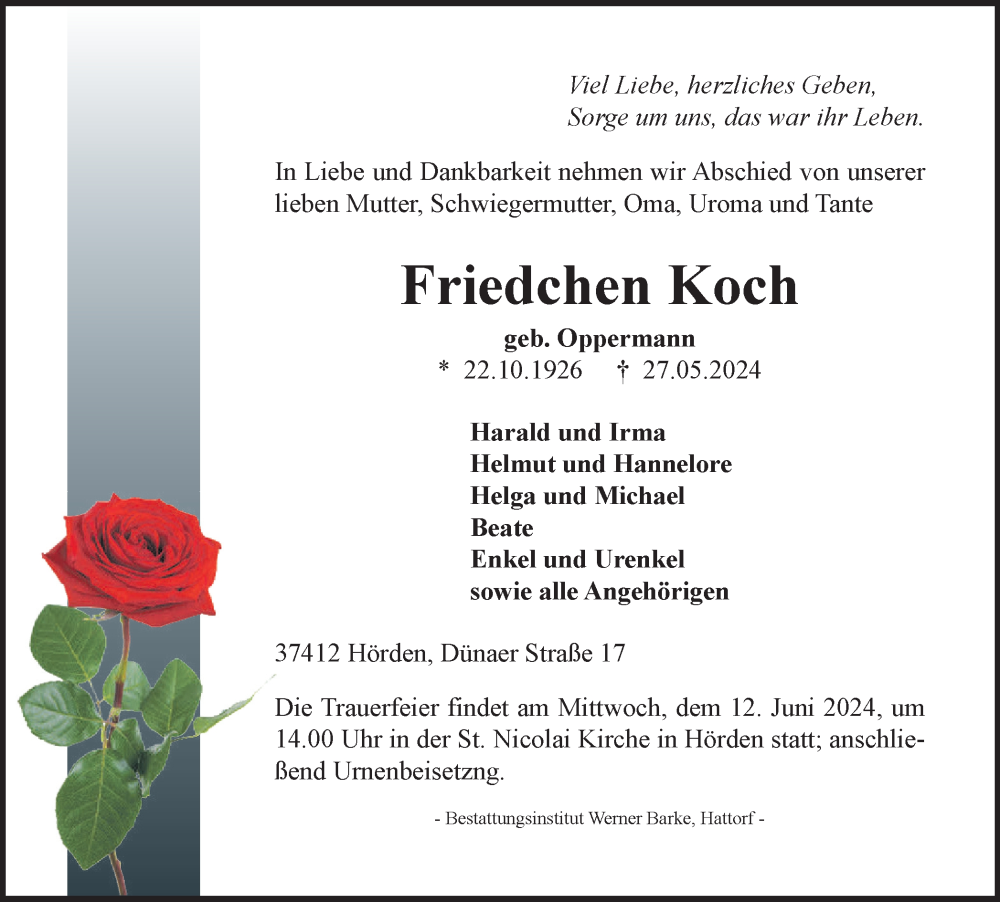  Traueranzeige für Friedchen Koch vom 07.06.2024 aus Harz Kurier