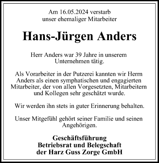 Traueranzeige von Hans-Jürgen Anders von Harz Kurier