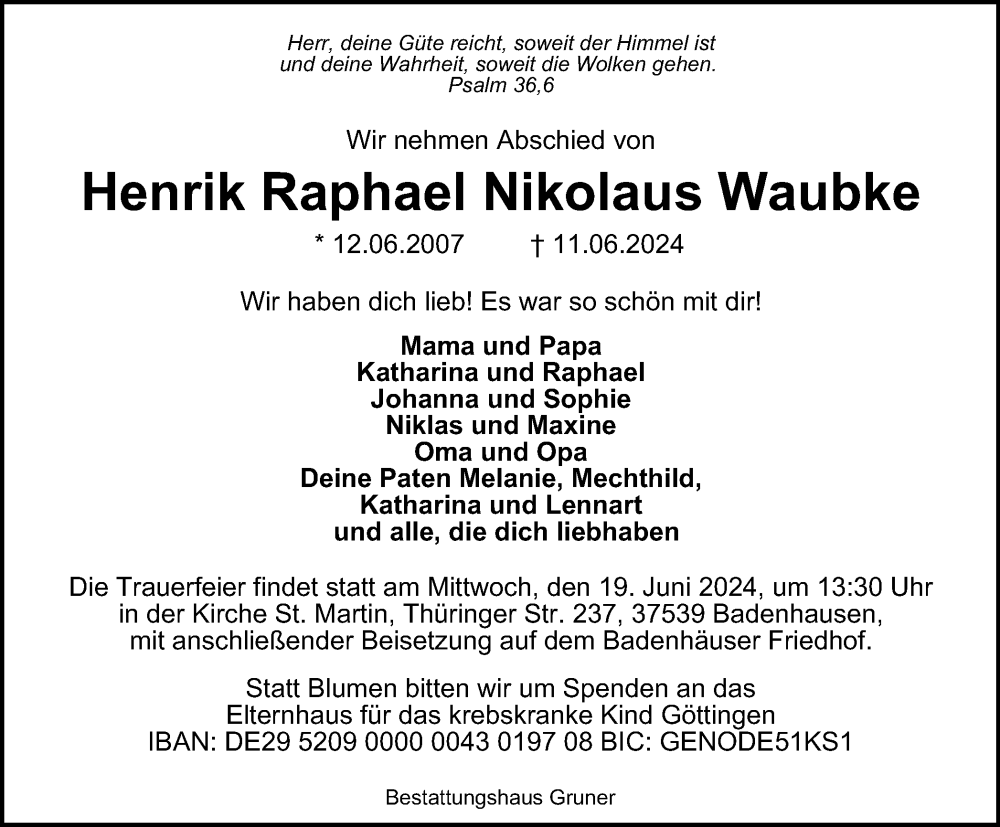  Traueranzeige für Henrik Waubke vom 15.06.2024 aus Harz Kurier