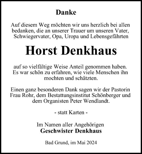 Traueranzeige von Horst Denkhaus von Harz Kurier