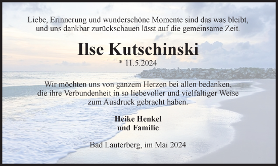 Traueranzeige von Ilse Kutschinski von Harz Kurier
