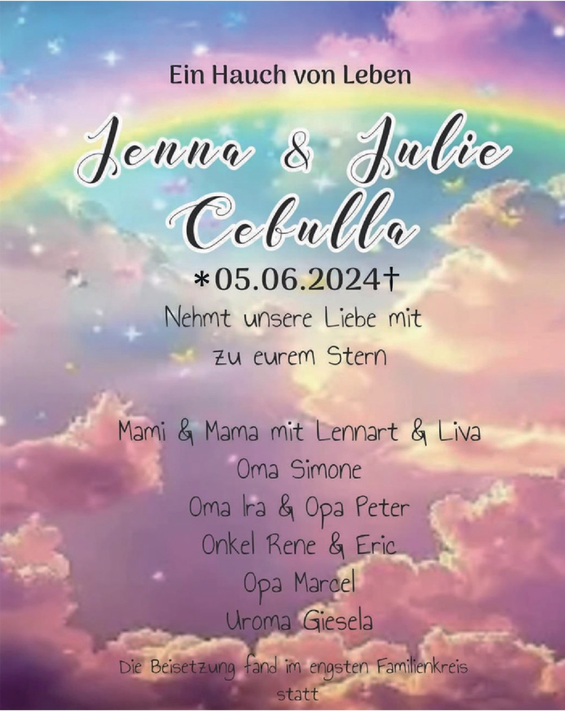  Traueranzeige für Jenna und Julie Cebulla vom 15.06.2024 aus Harz Kurier