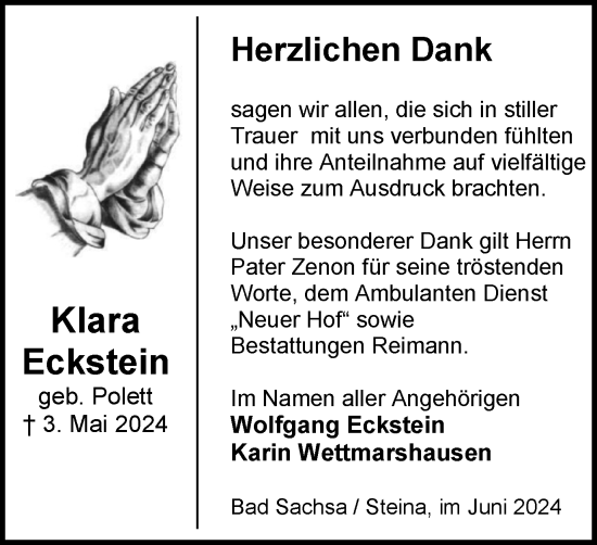 Traueranzeige von Klara Eckstein von Harz Kurier
