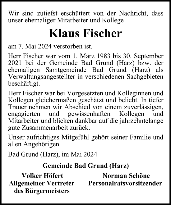 Traueranzeige von Klaus Fischer von Harz Kurier