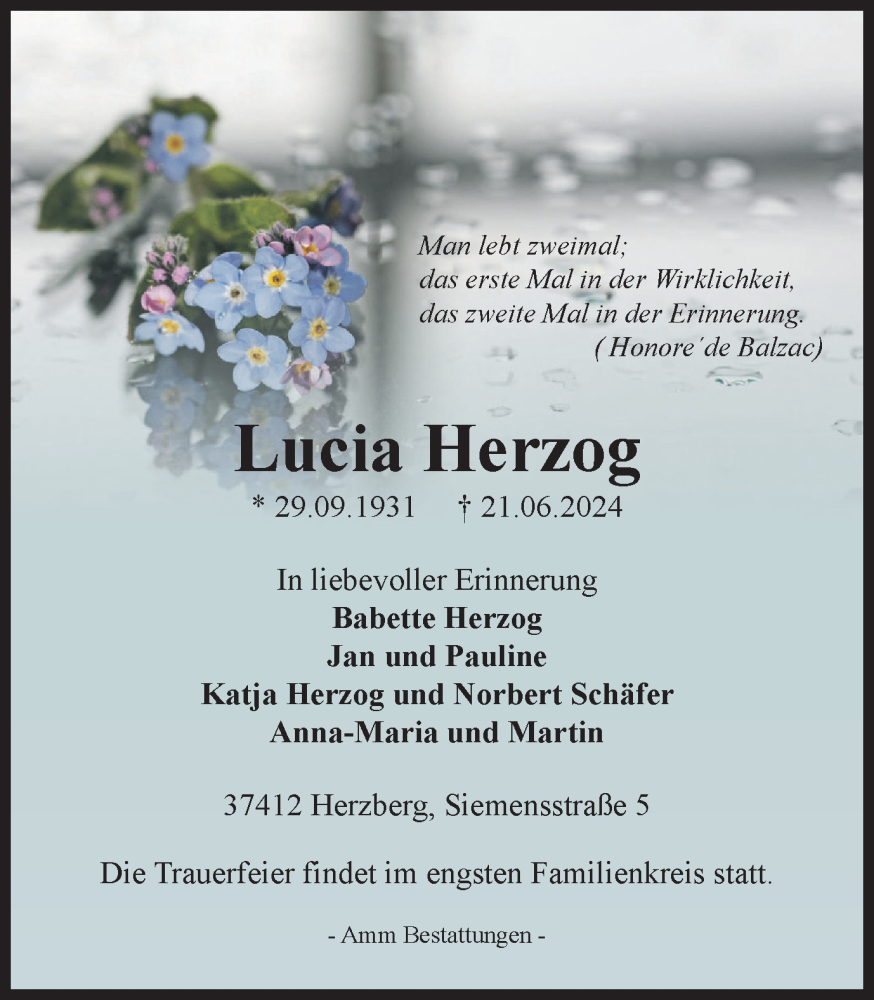  Traueranzeige für Lucia Herzog vom 29.06.2024 aus Harz Kurier