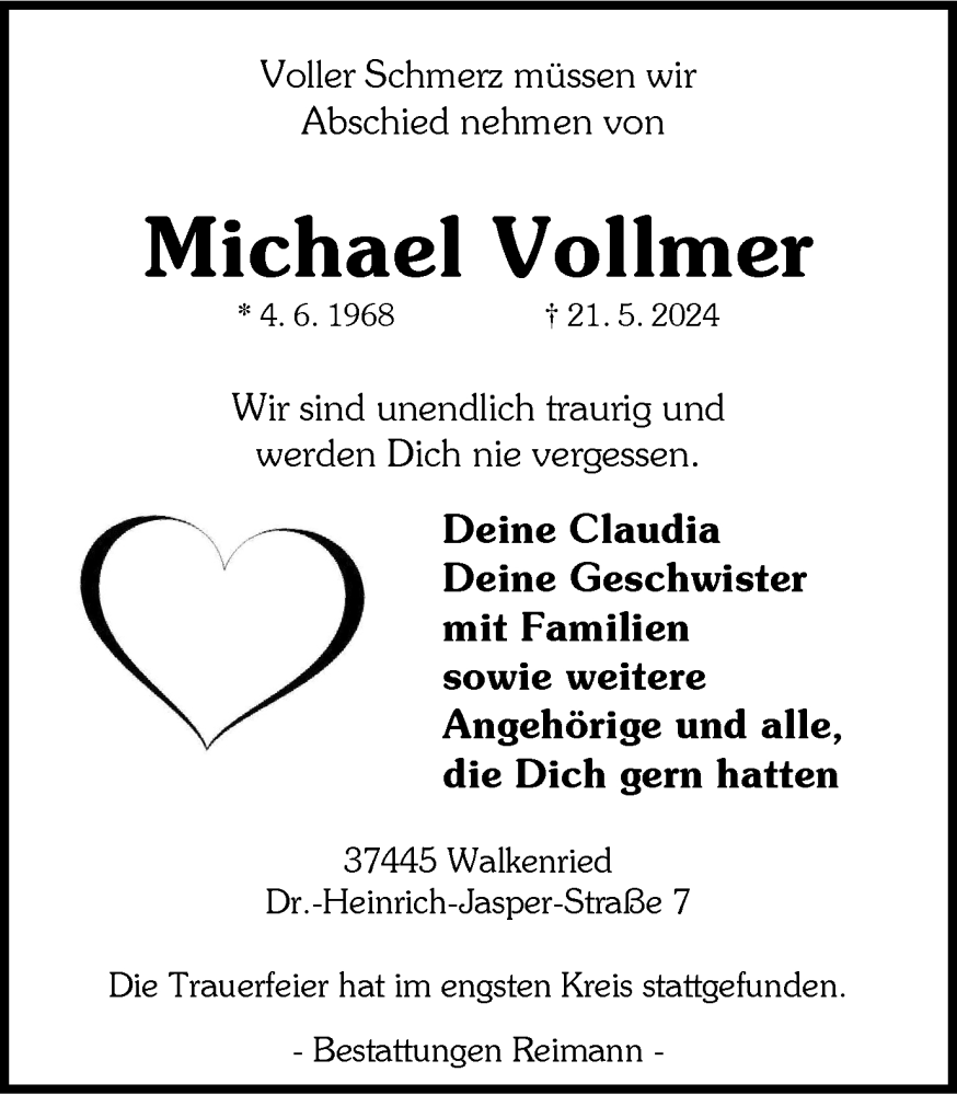  Traueranzeige für Michael Vollmer vom 22.06.2024 aus Harz Kurier