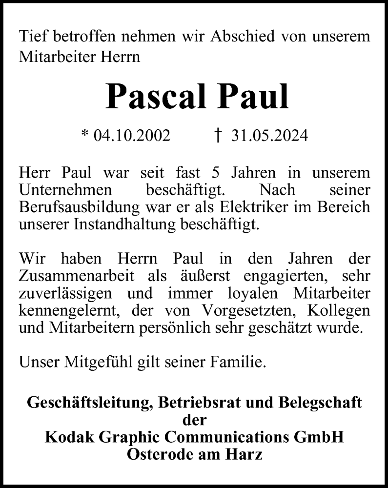  Traueranzeige für Pascal Paul vom 08.06.2024 aus Harz Kurier