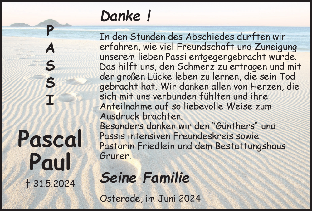  Traueranzeige für Pascal Paul vom 29.06.2024 aus Harz Kurier