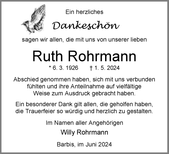 Traueranzeige von Ruth Rohrmann von Harz Kurier