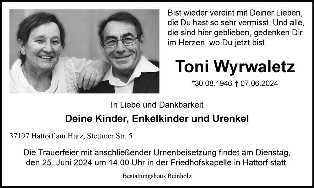  Traueranzeige für Toni Wyrwaletz vom 15.06.2024 aus Harz Kurier