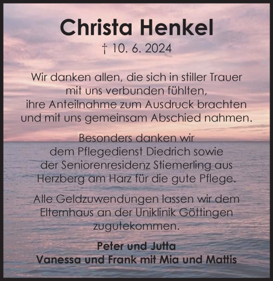 Traueranzeige von Christa Henkel von Harz Kurier