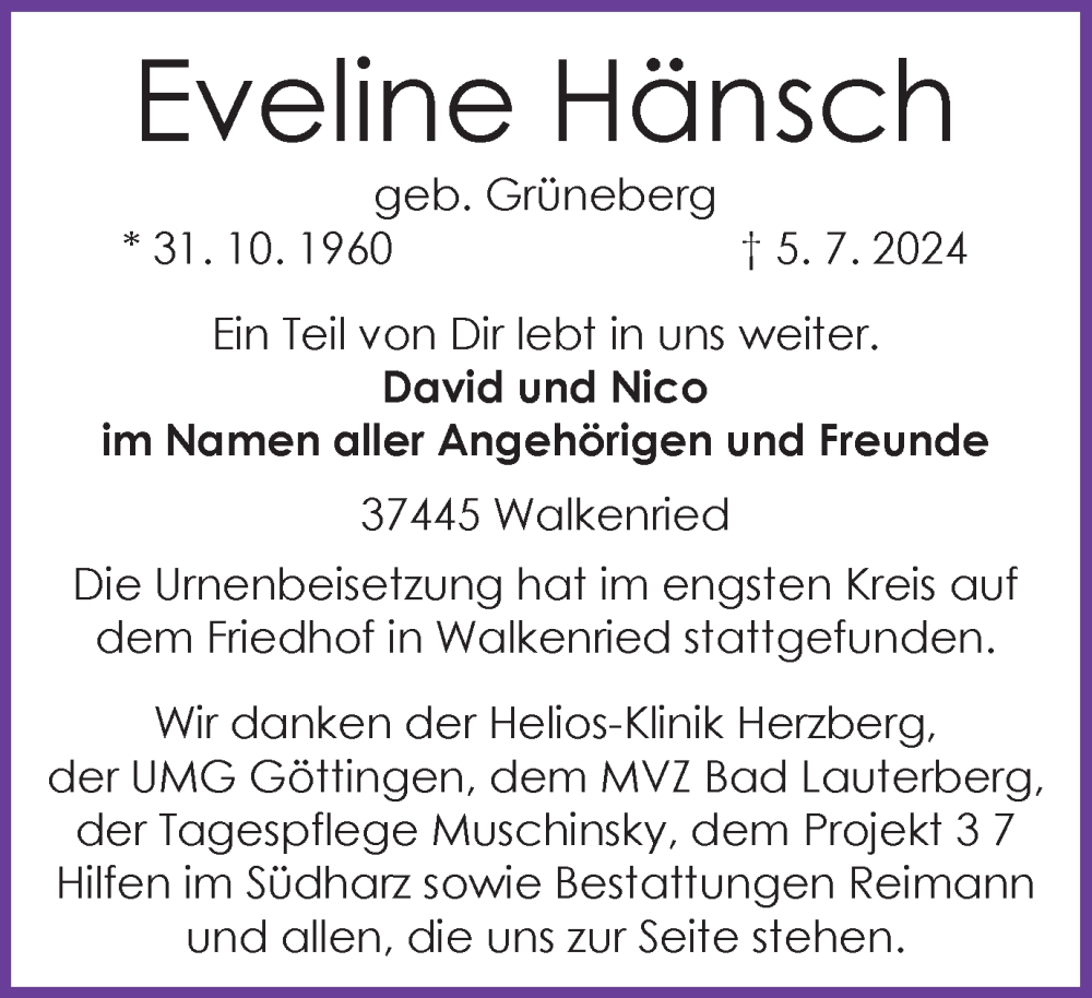  Traueranzeige für Eveline Hänsch vom 20.07.2024 aus Harz Kurier