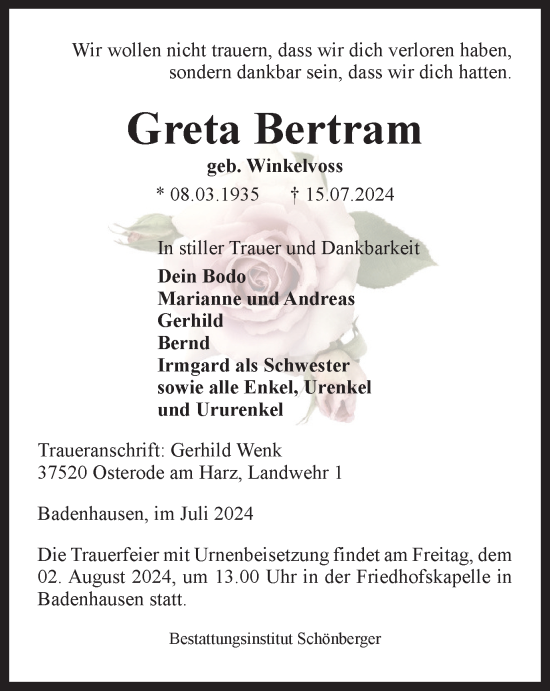 Traueranzeige von Greta Bertram von Harz Kurier