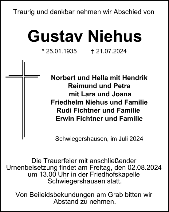 Traueranzeige von Gustav Niehus von Harz Kurier