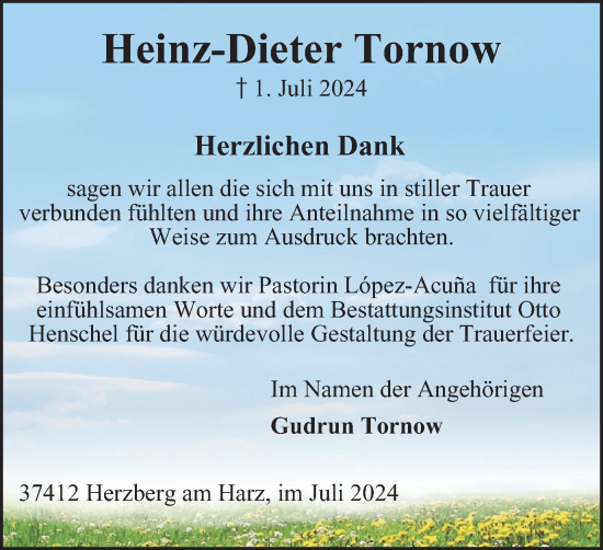 Traueranzeige von Heinz-Dieter Tornow von Harz Kurier