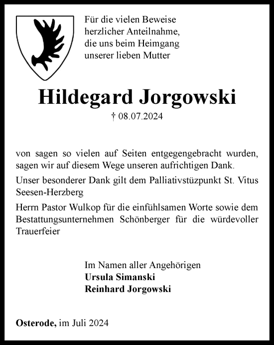 Traueranzeige von Hildegard Jorgowski von Harz Kurier