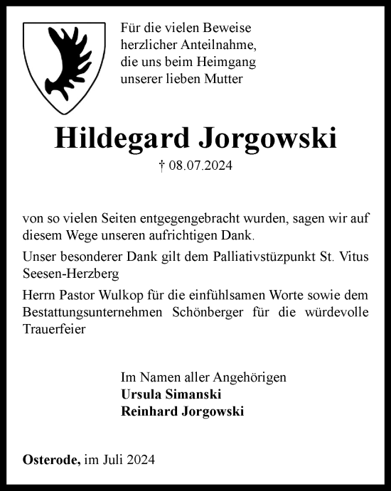 Traueranzeige von Hildegard Jorgowski von Harz Kurier