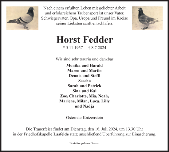Traueranzeige von Horst Fedder von Harz Kurier