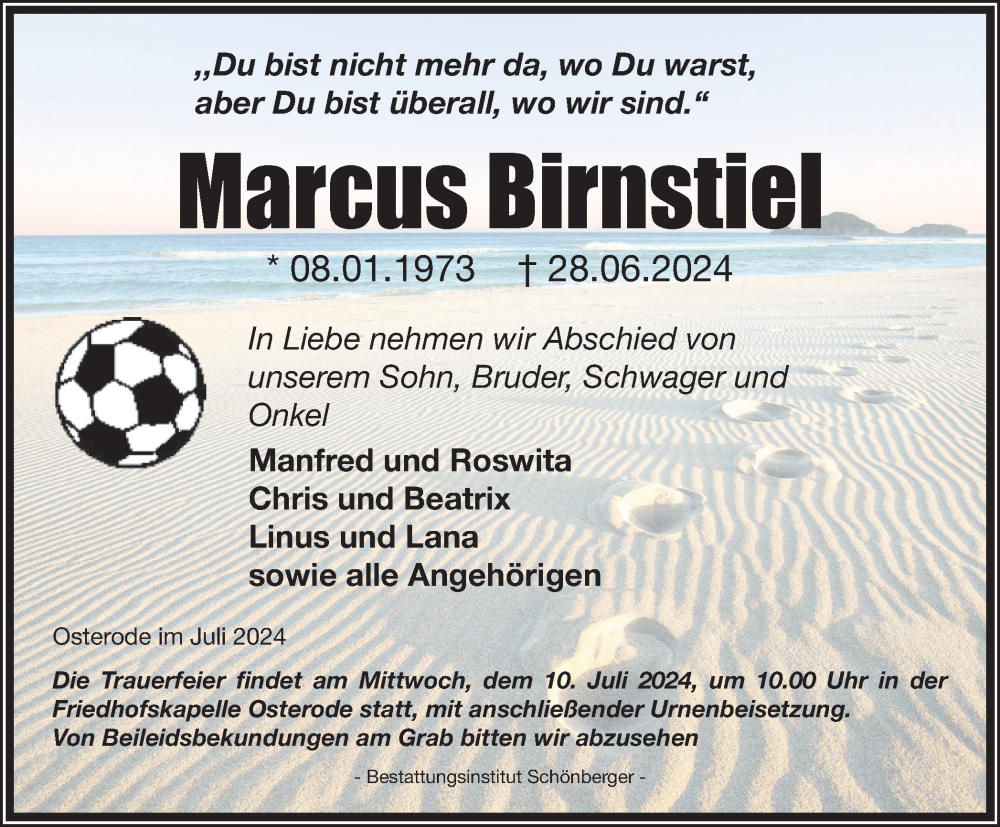  Traueranzeige für Marcus Birnstiel vom 06.07.2024 aus Harz Kurier