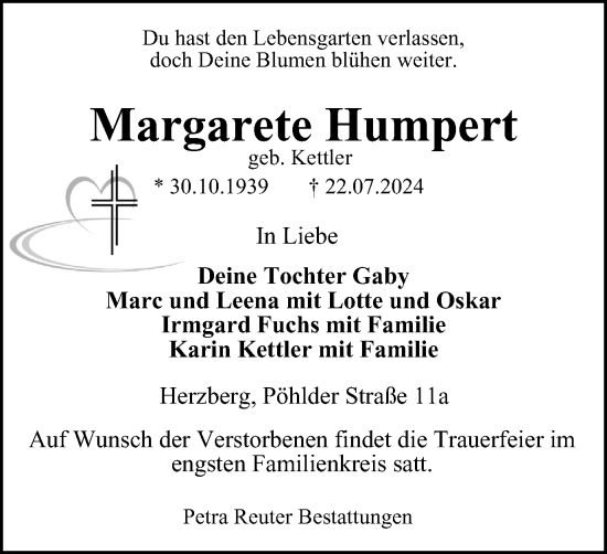 Traueranzeige von Margarete Humpert von Harz Kurier