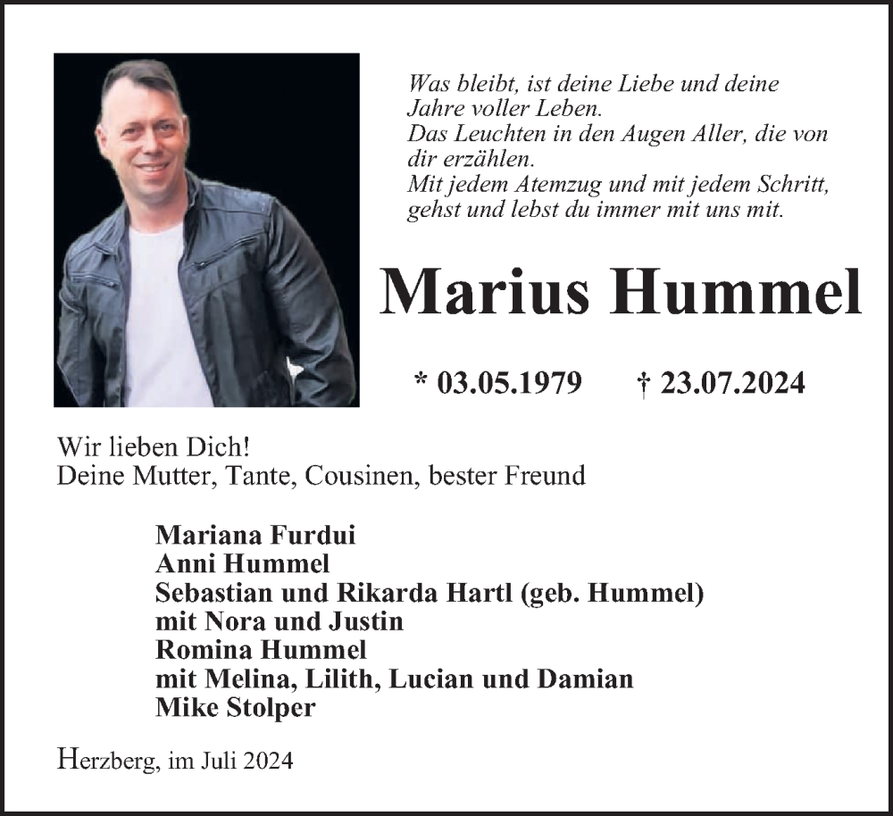  Traueranzeige für Marius Hummel vom 31.07.2024 aus Harz Kurier