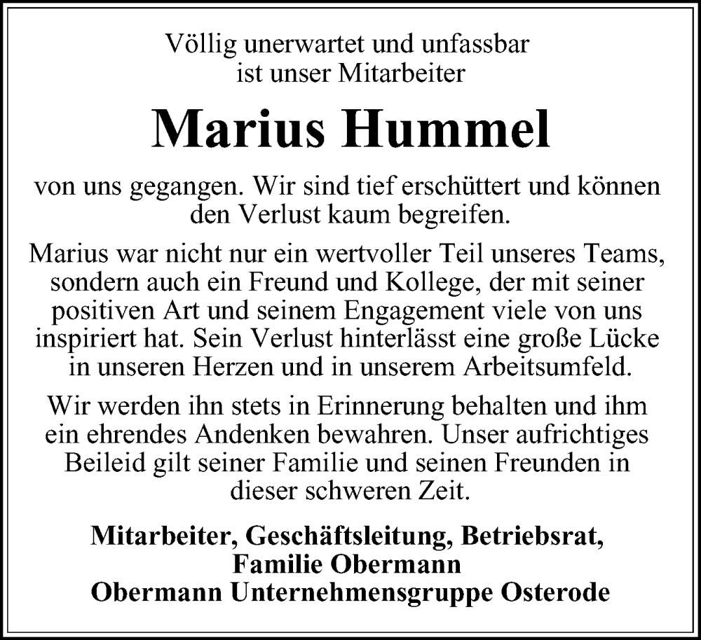  Traueranzeige für Marius Hummel vom 31.07.2024 aus Harz Kurier